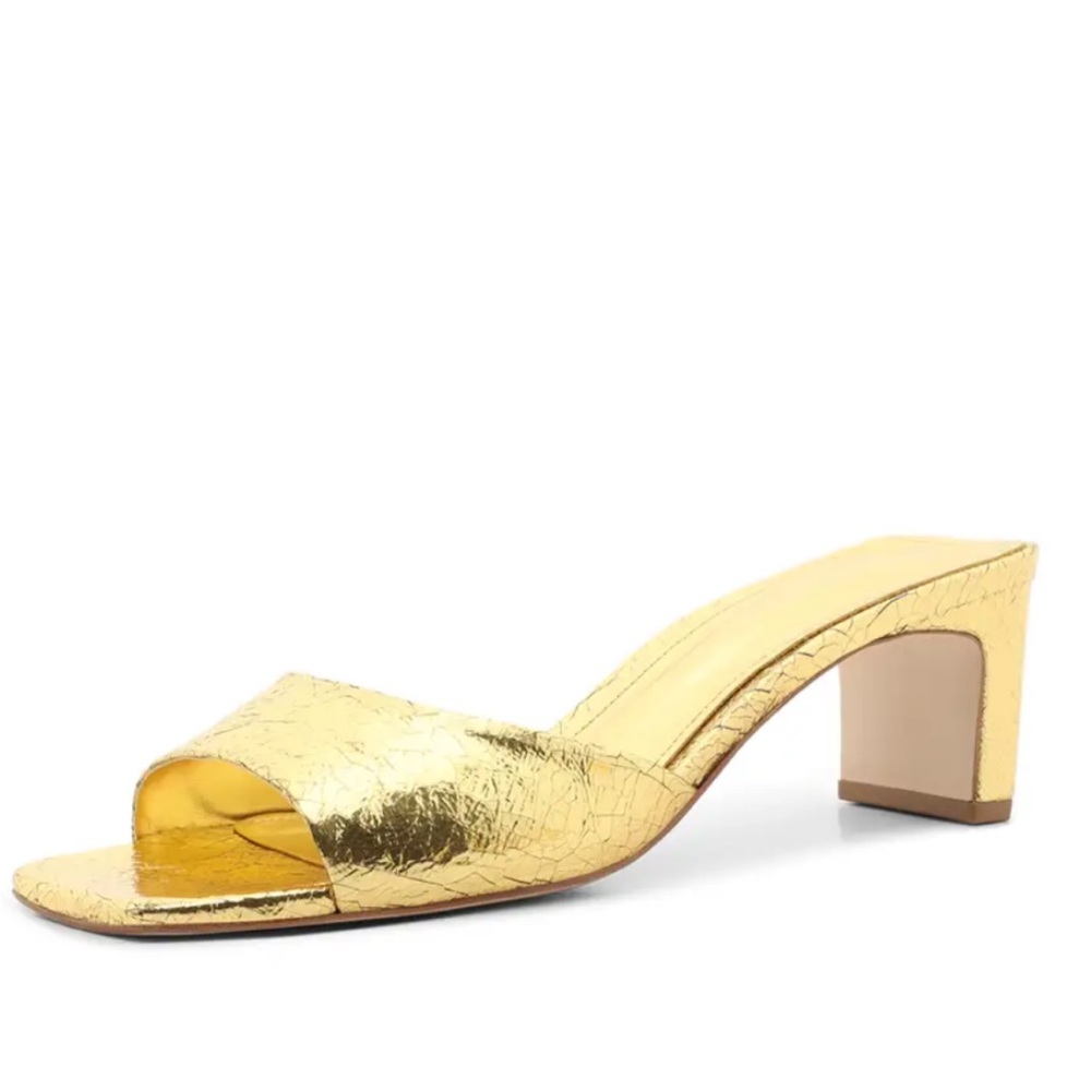 Schutz Queliana gold crinkle mule heeled sandals
